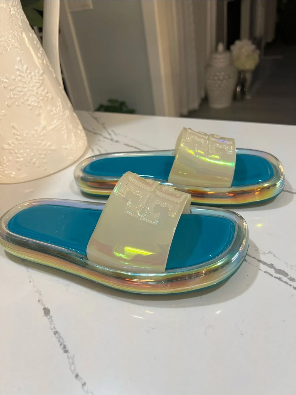 Tory Burch Green Teal Footbed Iridescent Slide Sandals size 7